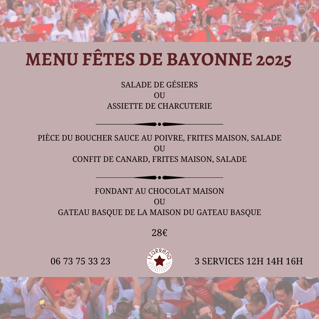 Affiche du menu des fêtes de Bayonne 2025 à l'Izarrena Bayonne